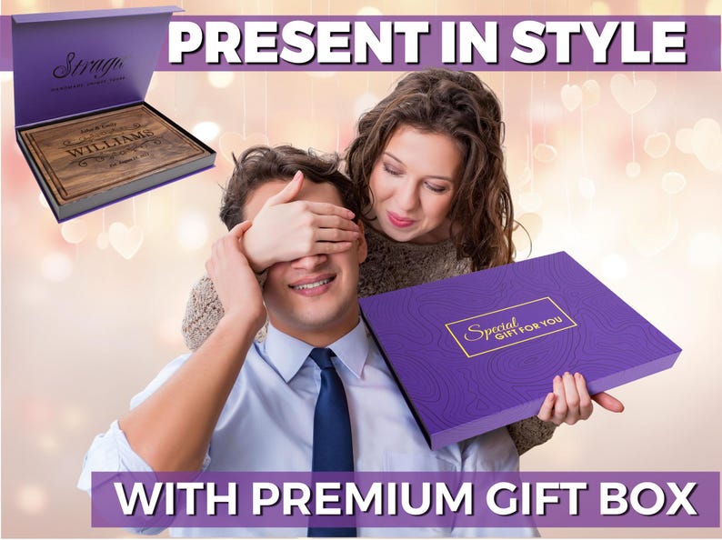 May include: A rectangular purple gift box with the text Special GIFT FOR YOU in a gold frame. An open purple box displays a wooden board engraved with the name WILLIAMS and the text Est. August 2018. The text PRESENT IN STYLE and WITH PREMIUM GIFT BOX appears.