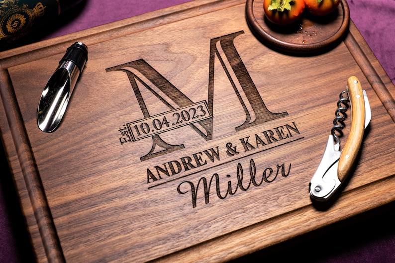 Handmade from natural hardwood personalized cutting board.Never stained, 100% food safe,only finished with food grade mineral oil and beeswax.12x9 inches Walnut Wooden board with central design number 003 with initial,date,first names, and last name.