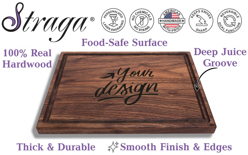 Each board  made by Straga is 100% Real Hardwood, Food-Safe Surface, has a deep juice groove and smooth finish with edges, thick & durable.