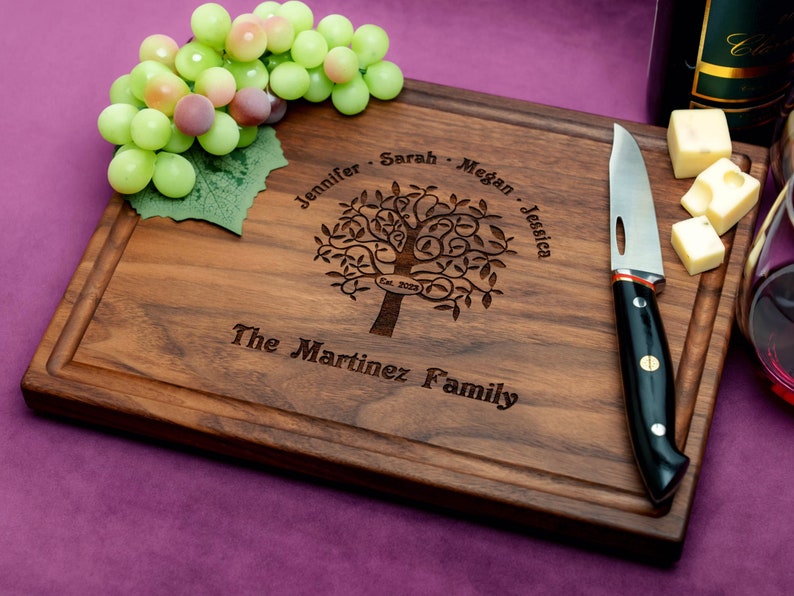 Handmade from natural hardwood personalized cutting board. Never stained, 100% food safe, only finished with food grade mineral oil and beeswax. 12x9 inches Walnut Wooden board with Family Tree design 402 with first names, date, and family name.