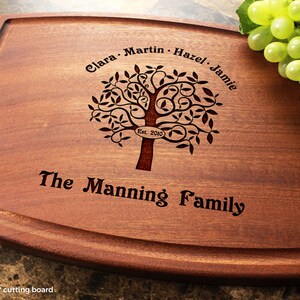 Handmade from natural hardwood personalized cutting board. Never stained, 100% food safe, only finished with food grade mineral oil and beeswax. 12x9 inches Mahogany Arched board with Family Tree design 402 with first names, date, and family name.