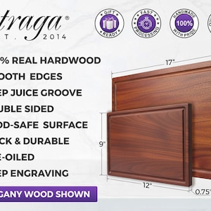 100% Real Hardwood, Food-Safe Surface, has a deep juice groove & smooth finish, thick & durable. Food-Safe Finish, No chemicals. Top grade material only. Deep juice groove on every board. Huge design & board selection.