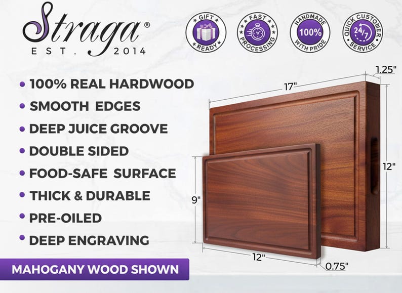 100% Real Hardwood, Food-Safe Surface, has a deep juice groove & smooth finish, thick & durable. Food-Safe Finish, No chemicals. Top grade material only. Deep juice groove on every board. Huge design & board selection.