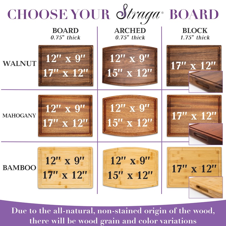 Board selection. Wood types: Walnut, Mahogany, Bamboo. Sizes in inches: 12x9,15x12,17x12. Board styles: Rectangular, Arched, Blocks. Rectangular & Arched Boards are 0.75  inches thick and Blocks are 1.75 with handles on the sides for easy handling.