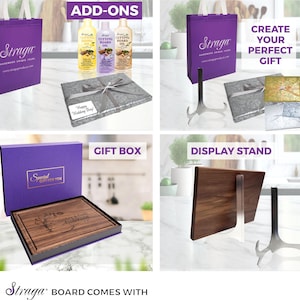 May include: The image showcases various gift options, including a purple tote bag with the "Straga" logo, cutting board oil, and a gift box. A wooden cutting board with a personalized engraving is also displayed, along with a display stand. The text "Create Your Perfect Gift" is visible.