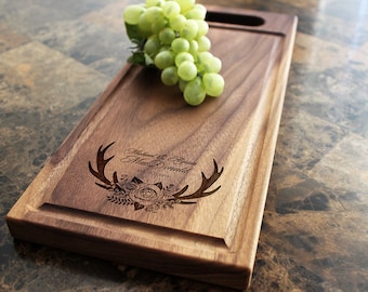 Handmade Cheese Board Personalized Floral Antler Design #412-Wedding & Anniversary Gift for Couples-Housewarming and Closing Present