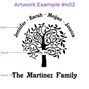 Artwork Example for design 402. Line 1 is Children's names or any  text, Line 2 is year or any text, Line 3 is Family Name or any text.