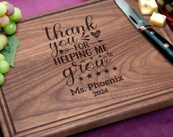 Handmade Personalized Cutting Board - Thank You for Helping Me Grow | Teacher, Caregiver, Nannie, Daycare Provider Design #984 Wooden Plaque