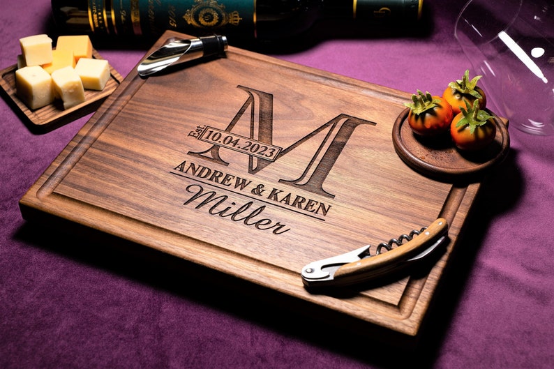 Handmade from natural hardwood personalized cutting board.Never stained, 100% food safe,only finished with food grade mineral oil and beeswax.12x9 inches Walnut Wooden board with central design number 003 with initial,date,first names, and last name.