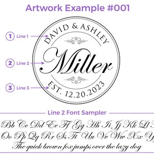 Artwork Example for design 001. Line 1 is First Names or any text, Line 2 is Last Name or any text, Line 3 is Date or any text.
