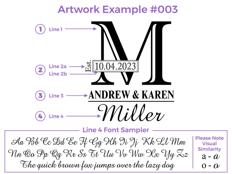 Artwork Example for design 003. Line 1 is Capital Letter, Line 2a Est.(if you would like Est. included please say yes, if not please say no), Line 2b is date, Line 3 is first names or any text, Line 4 is last name or any text.