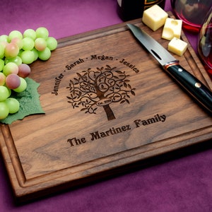 Handmade from natural hardwood personalized cutting board. Never stained, 100% food safe, only finished with food grade mineral oil and beeswax. 12x9 inches Walnut Wooden board with Family Tree design 402 with first names, date, and family name.