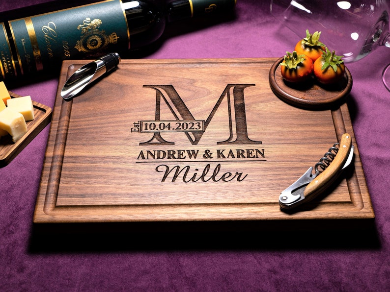 Handmade from natural hardwood personalized cutting board.Never stained, 100% food safe,only finished with food grade mineral oil and beeswax.12x9 inches Walnut Wooden board with central design number 003 with initial,date,first names, and last name.