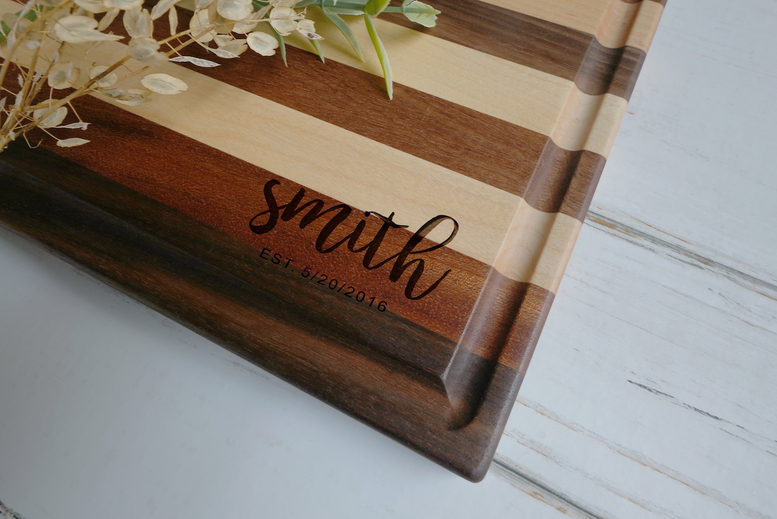 Personalized Engraved Striped Cutting Board with Corner Design