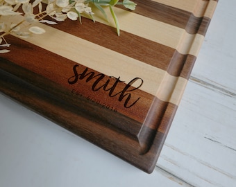 Personalized Engraved Striped Cutting Board with Corner Design for Anniversary or Housewarming Gift. 920