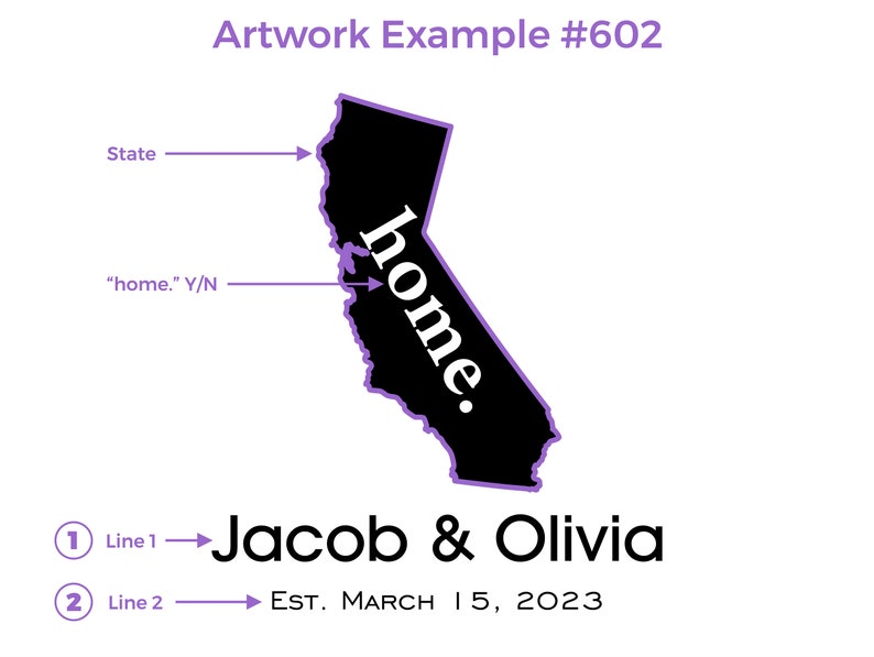 Artwork Example for design 602. Provide State and if you would like word "home" to be engraved inside it. Line 1 is First names or any text, Line 2 date or any text.