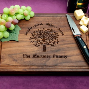 Handmade from natural hardwood personalized cutting board. Never stained, 100% food safe, only finished with food grade mineral oil and beeswax. 12x9 inches Walnut Wooden board with Family Tree design 402 with first names, date, and family name.