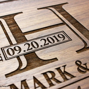 Handmade from natural hardwood personalized cutting board.Never stained,100% food safe,only finished with food grade mineral oil and beeswax. 12x9 inches Walnut Wooden board with central design number 003 with initial, date,first names,and last name.