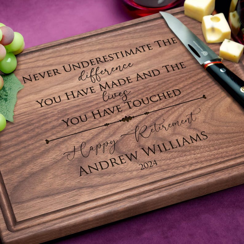 Handmade personalized walnut cutting board with retirement design engraved. Great gift for employee's farewell and appreciation for many years of service. Durable present with personal touch.