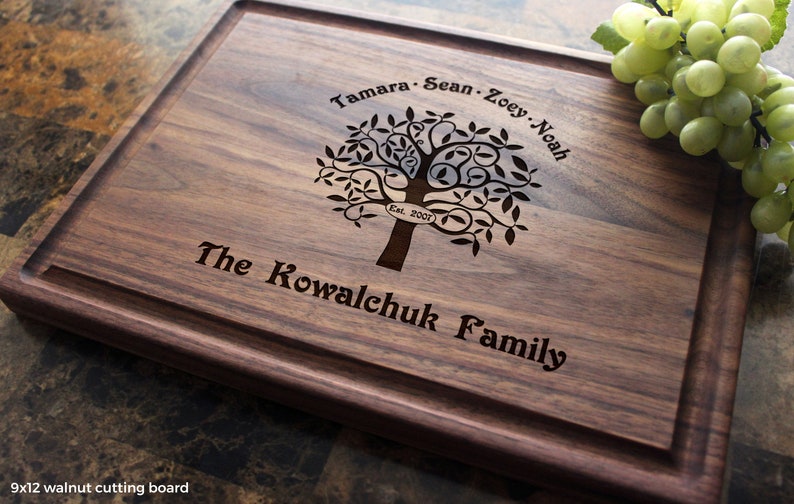 Handmade from natural hardwood personalized cutting board. Never stained, 100% food safe, only finished with food grade mineral oil and beeswax. 12x9 inches Walnut Wooden board with Family Tree design 402 with first names, date, and family name.