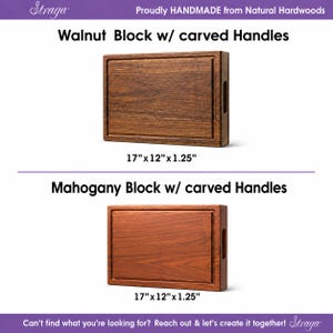May include: A rectangular dark brown walnut wood block with carved handles and a 17" x 12" x 1.25" dimension, and a rectangular reddish-brown mahogany wood block with carved handles and a 17" x 12" x 1.25" dimension, both labeled Straga.
