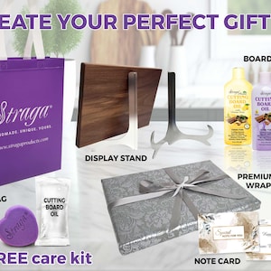 Complete your gift with Premium Gifting Add-ons. A choice of elegant gift bag tote with sturdy handles, gift wrap with satin ribbon and double bow, stainless steel display stand, mineral oil bottle to maintain and condition the wood, free care kit.