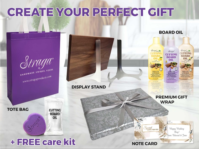 Complete your gift with Premium Gifting Add-ons. A choice of elegant gift bag tote with sturdy handles, gift wrap with satin ribbon and double bow, stainless steel display stand, mineral oil bottle to maintain and condition the wood, free care kit.