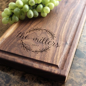 Handmade Cheese Board Personalized Farmhouse Wreath Design 413-Wedding & Anniversary Gift for Couples-Housewarming and Closing Present image 1