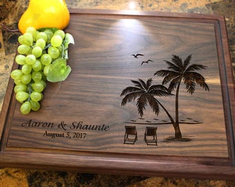 Handmade Chopping Block Personalized Tropical Beach Design #409-Wedding & Anniversary Gift for Couples-Housewarming and Closing Present