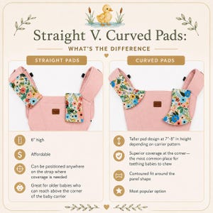 May include: A comparison image of baby carrier pads, labeled "Straight V. Curved Pads: WHAT'S THE DIFFERENCE." The pads are pink, with floral patterned covers. The straight pads are 6" high. The curved pads have a taller design, 7"-8" high.