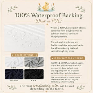 May include: Informational graphic about waterproof PUL fabric for baby products. The graphic shows a duck illustration, fabric swatches in white, light gray, navy blue, and black, and text explaining the fabric's features and safety.