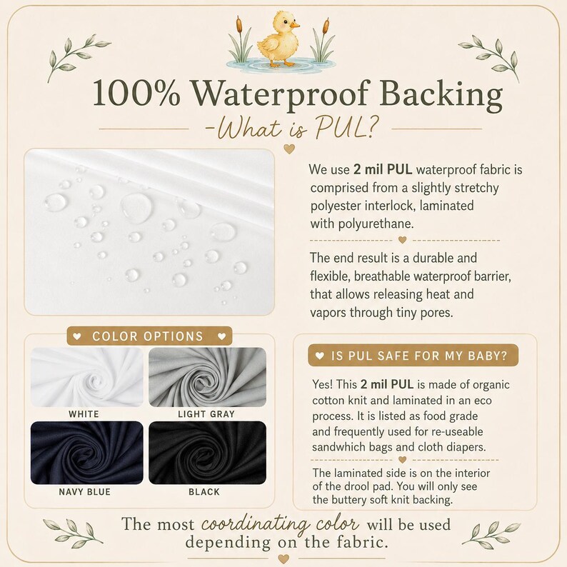 May include: Informational graphic about waterproof PUL fabric for baby products. The graphic shows a duck illustration, fabric swatches in white, light gray, navy blue, and black, and text explaining the fabric's features and safety.