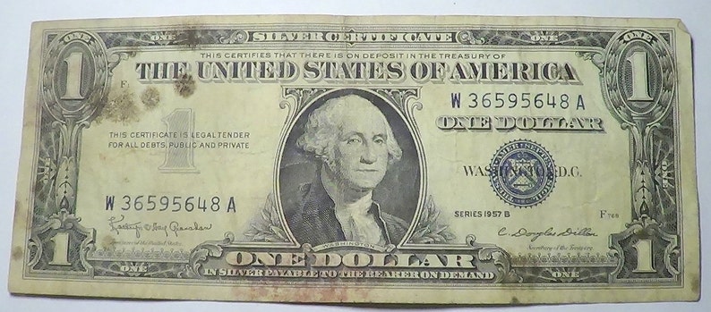 Series 1957 B Silver Certificate One dollar Bill W 36595648A