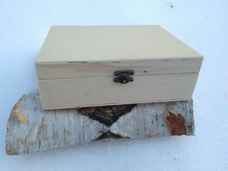 May include: A wooden box with a hinged lid and a metal clasp. The box is resting on a piece of birch bark.