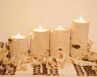 Kerzenhalter aus weißer Birke: Weihnachten Yule Log Tischdekoration (4er-Set)
