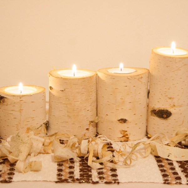White Birch Candle Holder Christmas Yule Log Wood Holders, Wedding Table Holders, Christmas Table Centerpiece set of 4