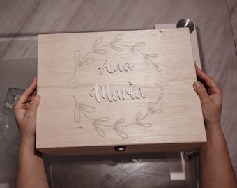 Personalized Baptism Keepsake Box: Large Engraved Pine Wood