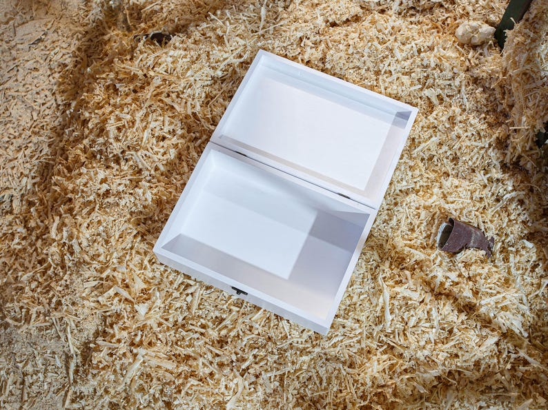 K&ouml;nnte beinhalten: Eine wei&szlig;e Holzkiste mit einem Scharnierdeckel ist ge&ouml;ffnet und zeigt ein leeres Inneres. Die Kiste steht auf einem Bett aus Holzsp&auml;nen.