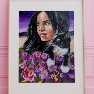 Giclee Druck | Katzenmama | Tuxedo Katze und Frau mit lila und rosa Rosen und Waage Sternzeichen