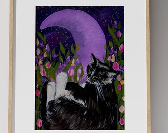 Giclee Print | Tuxedo Cat and Purple Moon with Tulips and Libra Star Sign