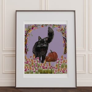 Fall Halloween Black Cat Digital Watercolor Art Print _3 Sizes_Wall Art