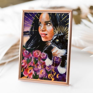 Gold Foil Art Print- Woman and Tuxedo Cat With Libra Star Sign and Roses Acrylic Painting