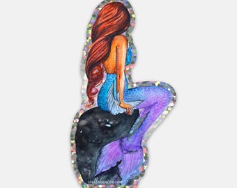 1 Mermaid Glitter Vinyl Sticker- Mermaid With purple and blue fin. Watercolor Design- Laptop, Phone Case Decal Sticker, water resistant