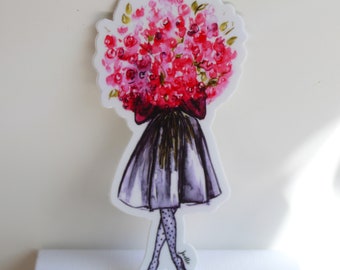 1 vinyl sticker Red Roses Bouquet Girl vinyl decal- Watercolor Design- Laptop, Phone Case Decal Sticker, water resistant