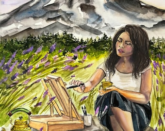 Giclee Print With Deckled Edge |Watercolor Print |  Woman painting with tea by mountain with wildflowers in Spring