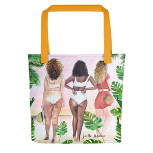 Tote bag | Watercolor design| Beaches Babes Bikinis | Curly haired women at tropical beach with palm fronds and monstera plants
