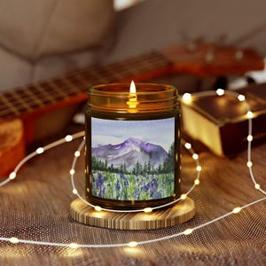 Serene Landscape Scented Candle - Relaxing Home Decor, Gift for Her, Aromatherapy Candle, Lavender and Mountain Scene