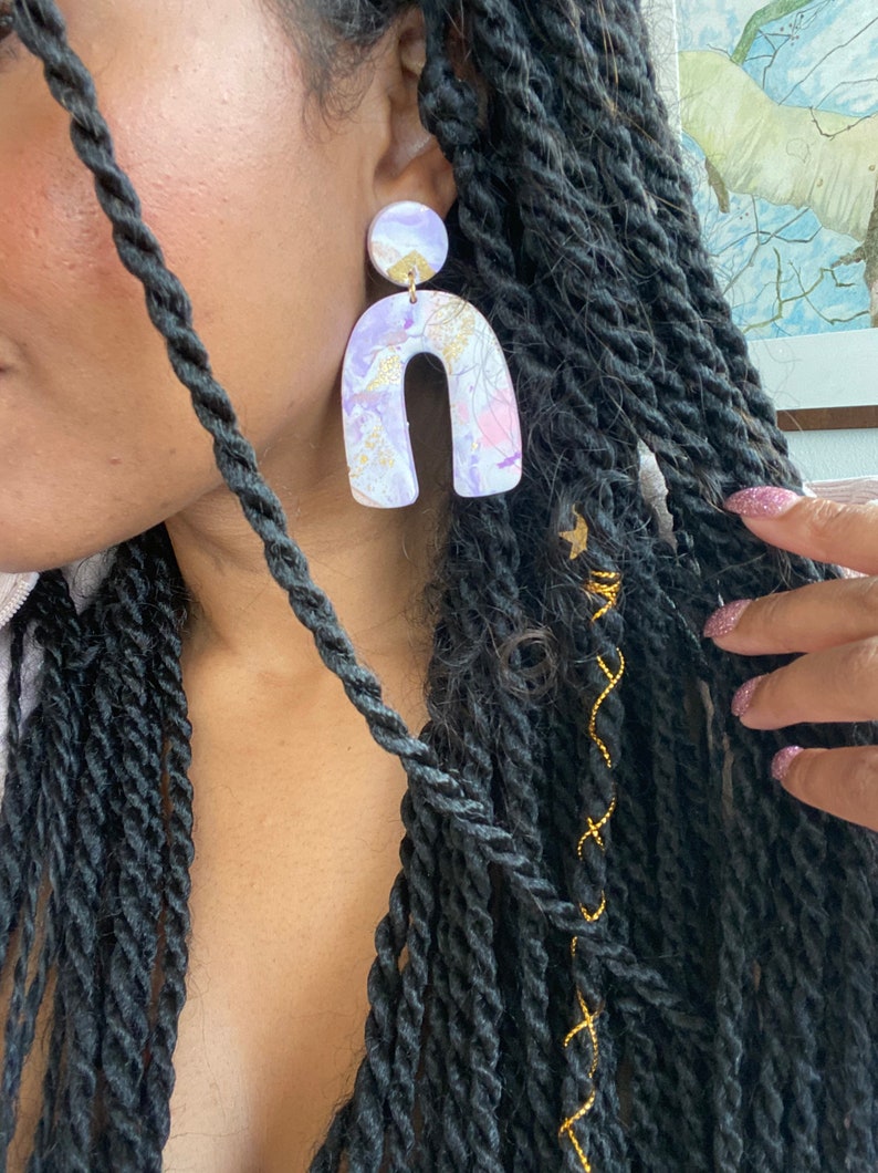 1 Pair Dangle Drop Earrings U-Shape Marbled lavender and pink with gold leaf Handmade Polymer Clay with 18k gold plated stud backings