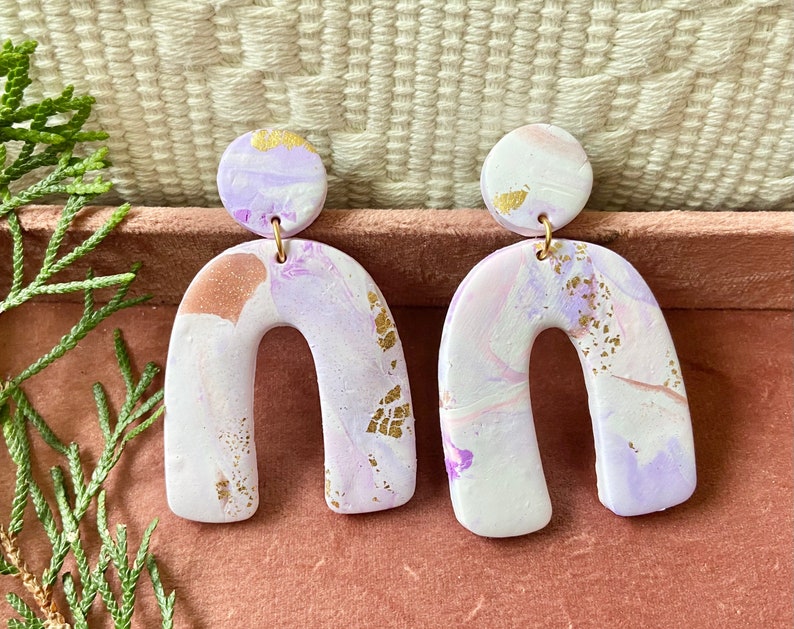 1 Pair Dangle Drop Earrings U-Shape Marbled lavender and pink with gold leaf Handmade Polymer Clay with 18k gold plated stud backings