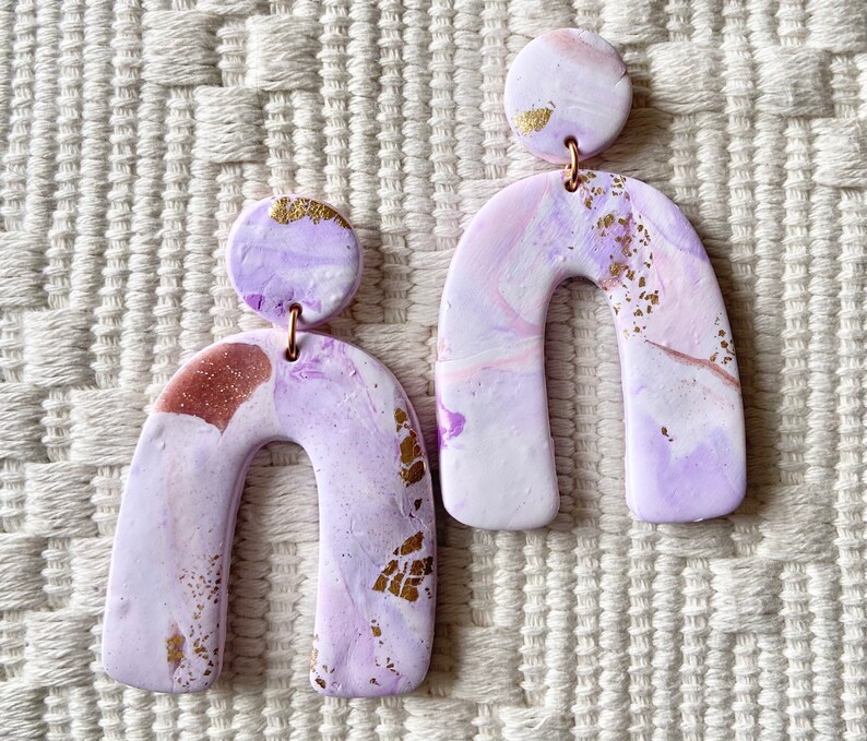 1 Pair Dangle Drop Earrings U-Shape Marbled lavender and pink with gold leaf Handmade Polymer Clay with 18k gold plated stud backings